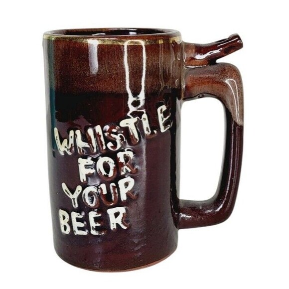 Vintage "Whistle For Your Beer" "Wet Your Whistle" Redware Beer Mug Brown Drip - Picture 1 of 11